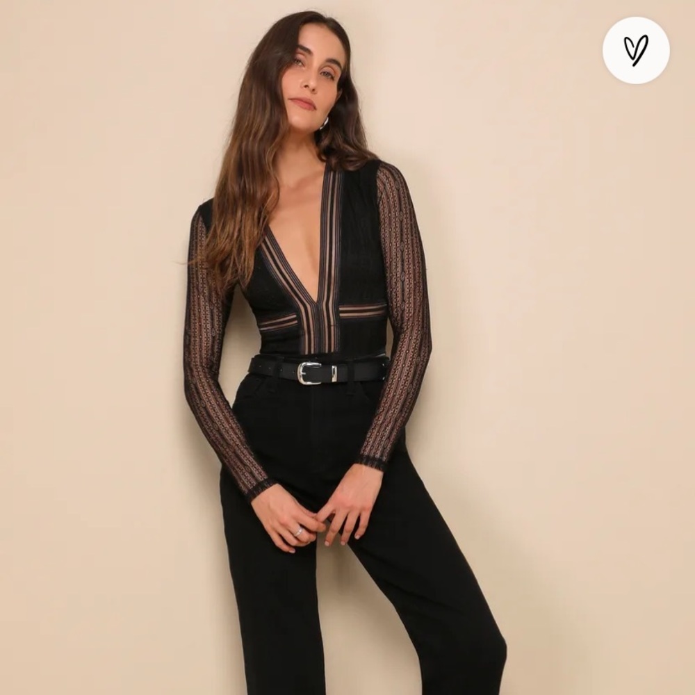 Lulus Casita Black Sheer Lace Long Sleeve Bodysuit S New